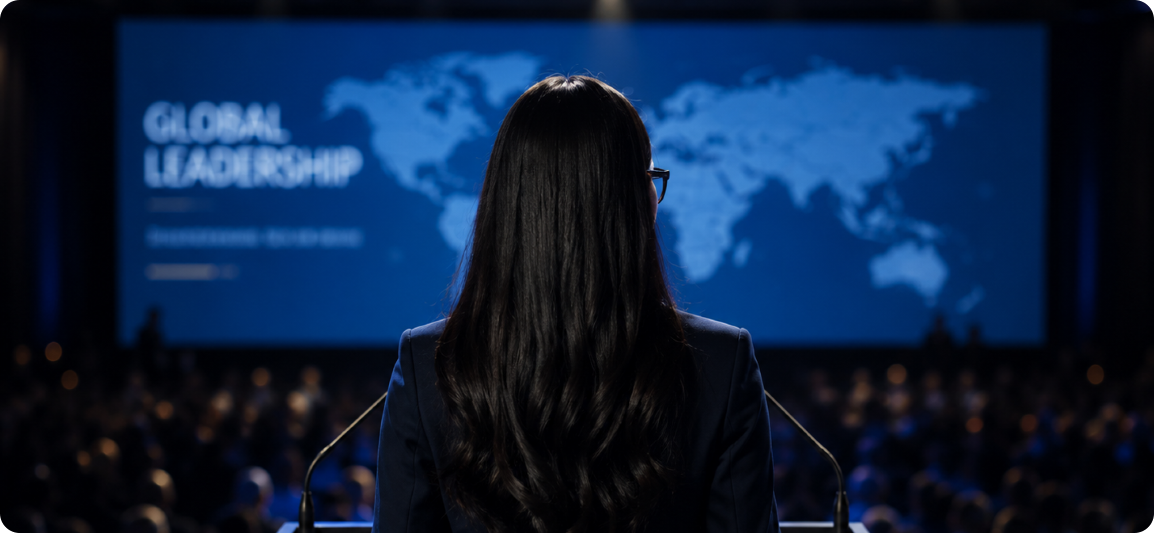 Hala Rharrit speaking from behind at a global leadership conference